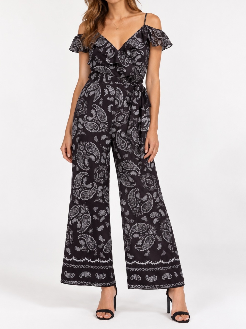 Tahari Black Jumpsuit Gray Paisley Print Boho Wide Leg Trouser Size 10
